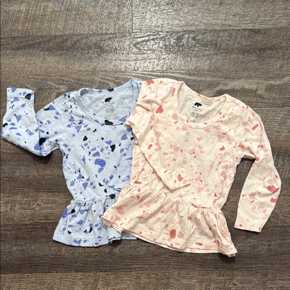 Bundle of 2 Monica + Andy 100% Organic Cotton Peplum Tops (Pink + Blue Terrazzo)